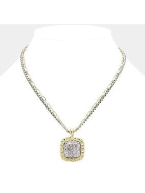 Stunning 14K Gold Plated CZ Stone Paved Square Pendant Necklace
